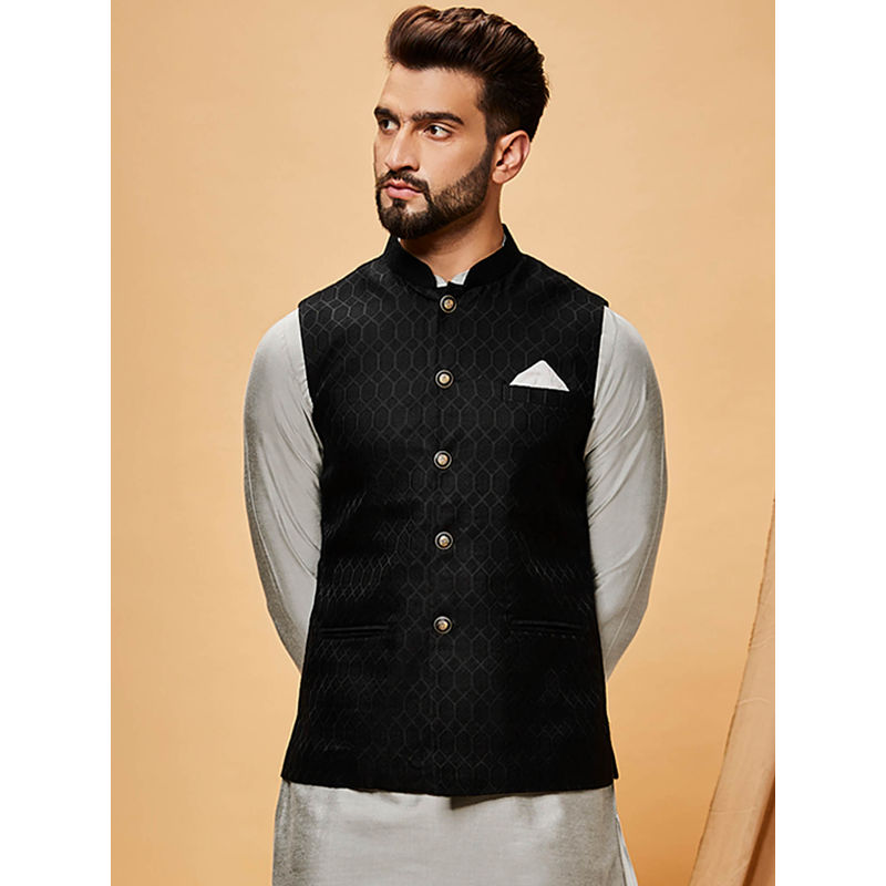 KISAH Men Black Woven Silk Blend Jacquard Nehru Jacket with Ethnic Motifs (44)
