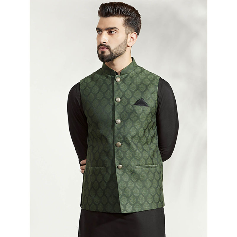 KISAH Men Green Woven Silk Blend Jacquard Nehru Jacket with Zari Design (42)