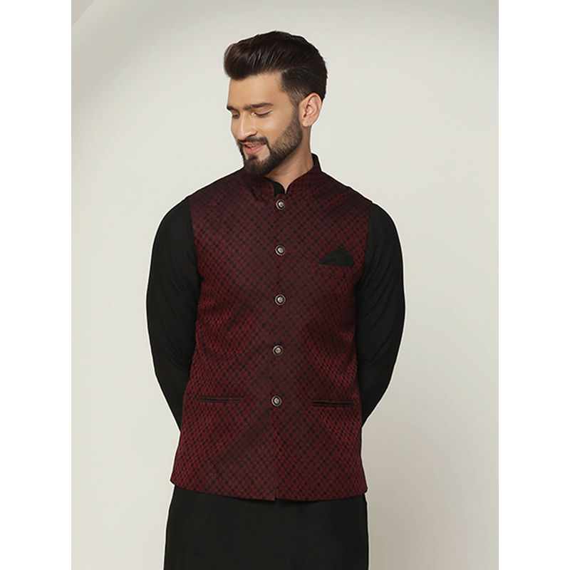KISAH Men Maroon Woven Silk Blend Jacquard Nehru Jacket with Zari Design (38)