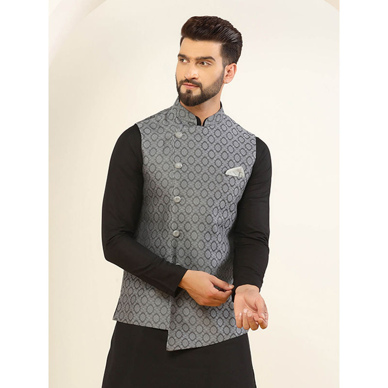 KISAH Men Grey Asymmetrical Textured Silk Blend Jacquard Nehru Jacket with Zari Design (38)