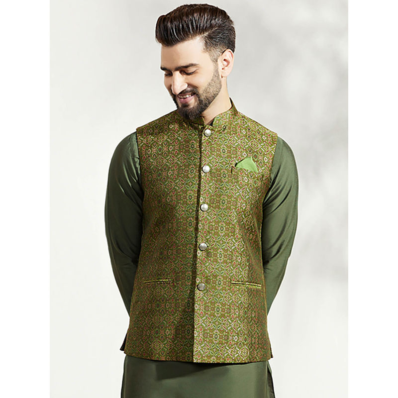 KISAH Men Olive green Woven Silk Blend Jacquard Nehru Jacket with Zari Design (42)