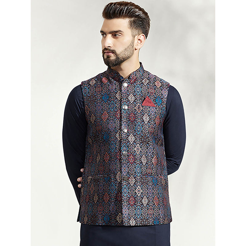 KISAH Men Multi Coloured Woven Silk Blend Jacquard Nehru Jacket with Zari Design (42)