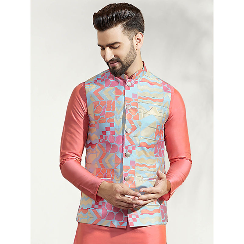 KISAH Men Multi Coloured Textured Silk Blend Nehru Jacket with Zari Design (38)