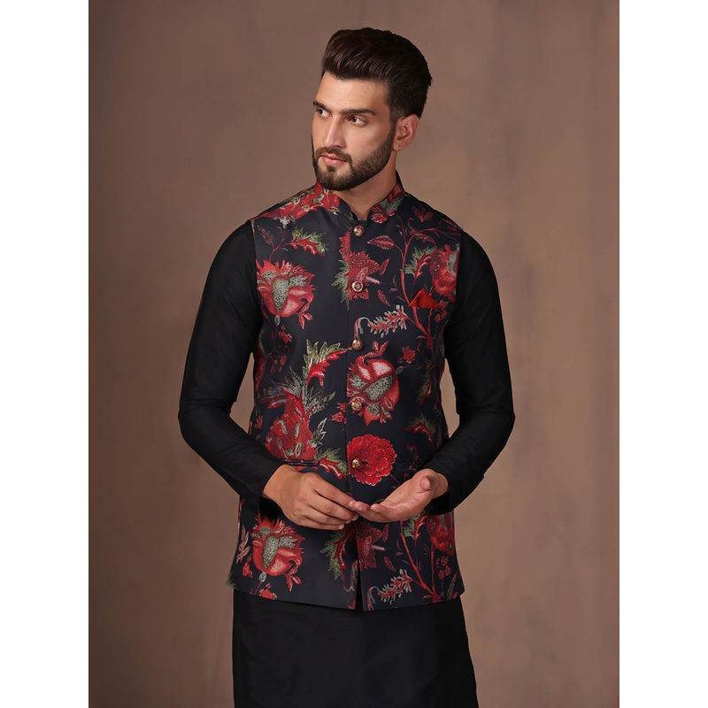 KISAH Men Black Printed Cotton Blend Nehru Jacket with Floral Design (40)