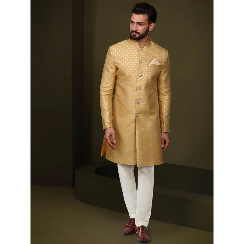 KISAH Men Mustard Sherwani Churidar Set (Set of 2) (38)