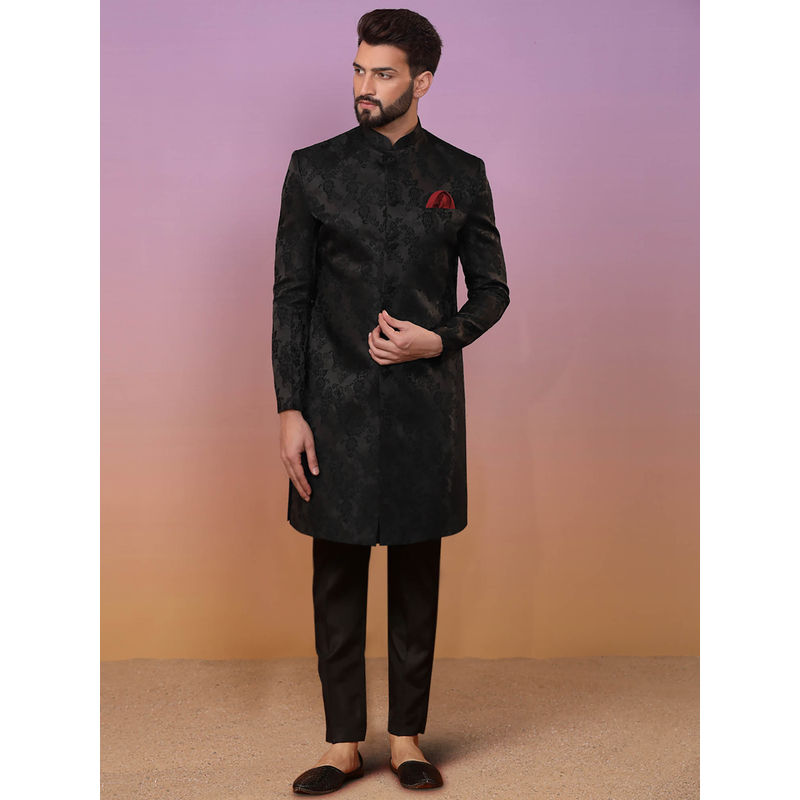 KISAH Men Black Textured Silk Blend Jacquard Indowestern Sherwani Trouser Set with Zari Design (40)