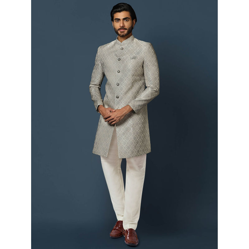 KISAH Men Grey Sherwani Churidar (Set of 2) (38)