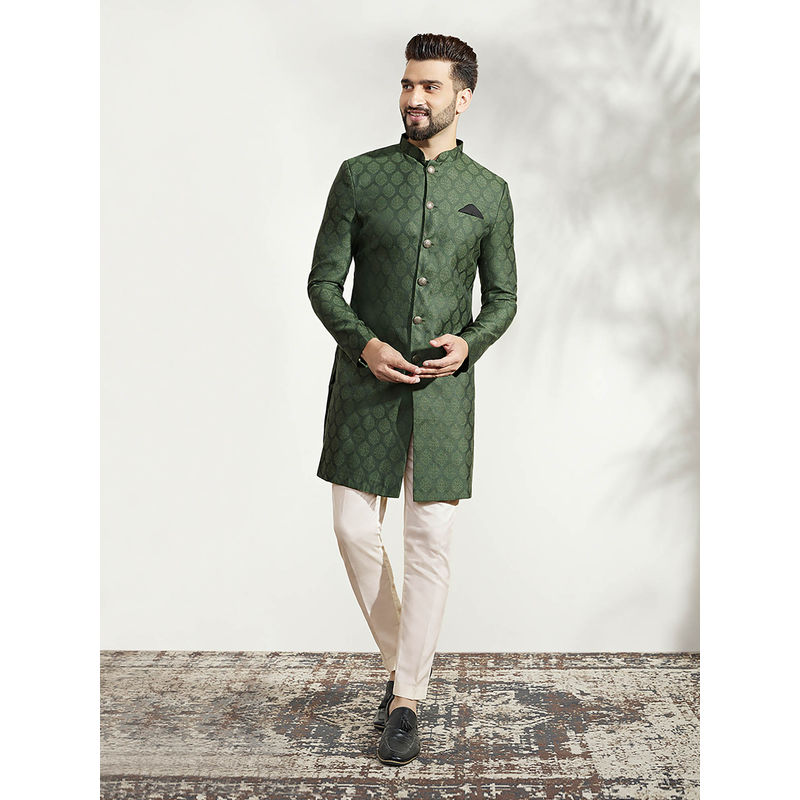 KISAH Men Green Textured Silk Blend Jacquard Indowestern Sherwani Trouser Set with Zari Design (44)