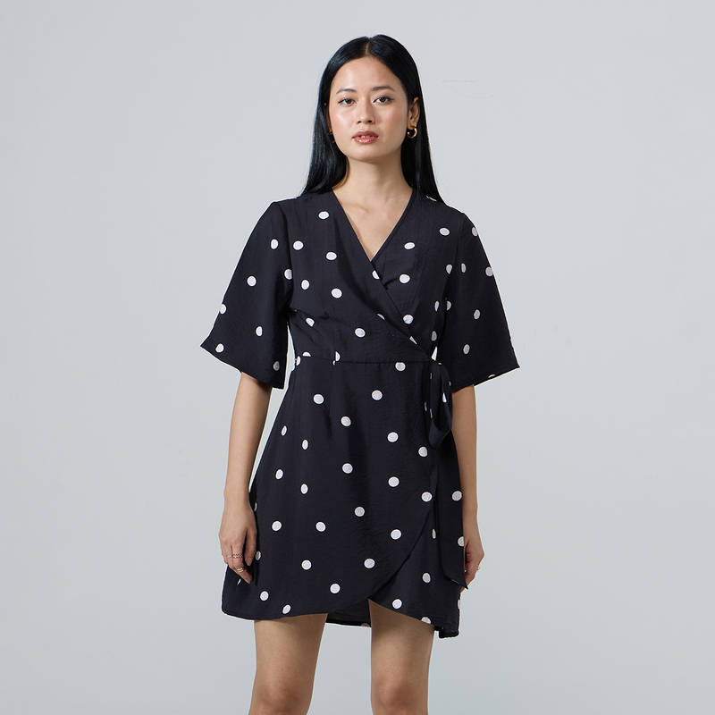 Robe Chemisier Joie En Soie 100% - Taille XS - Motif Pois Noir Et Crème - Col En V