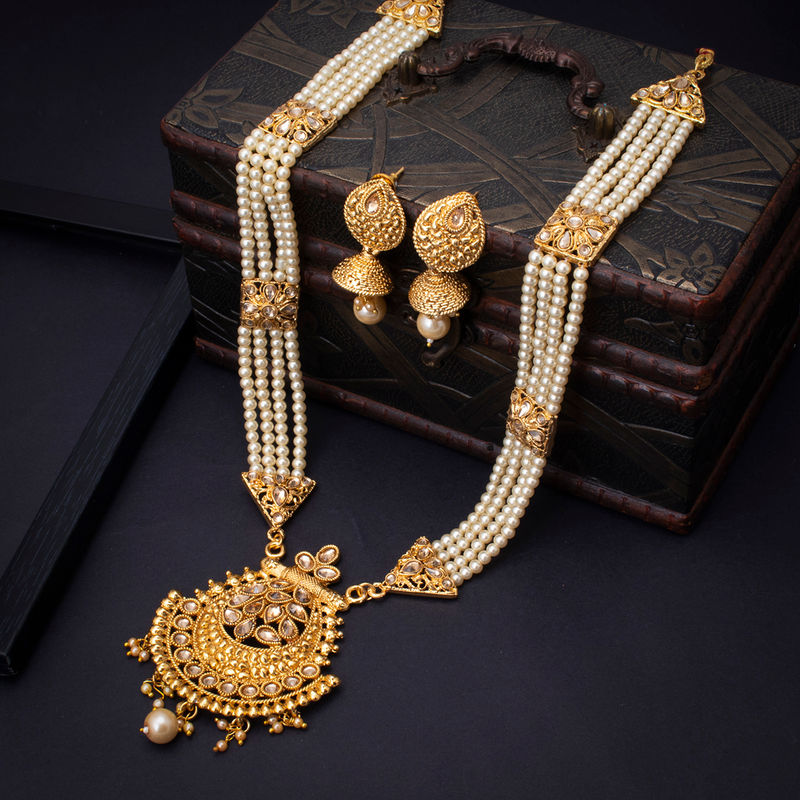 Rubans 24K Gold Plated Temple Necklace Set With Pearls Design