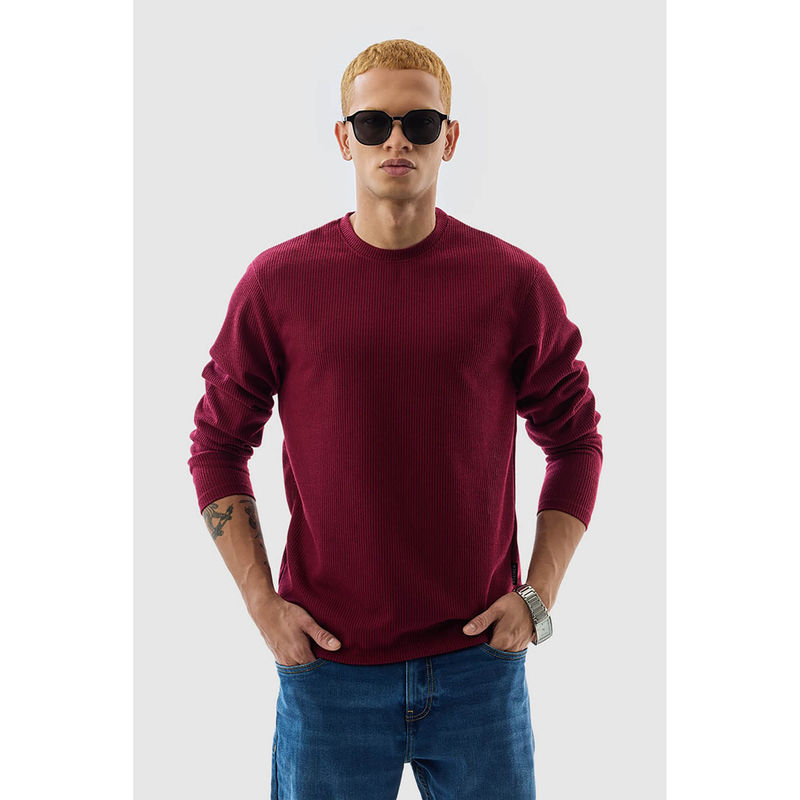 Snitch Maroon Textured Regular Fit T-Shirt (M)