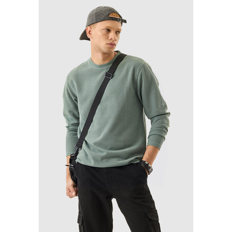 Snitch Green Textured Full Sleeves Regular Casual T-Shirt (L)