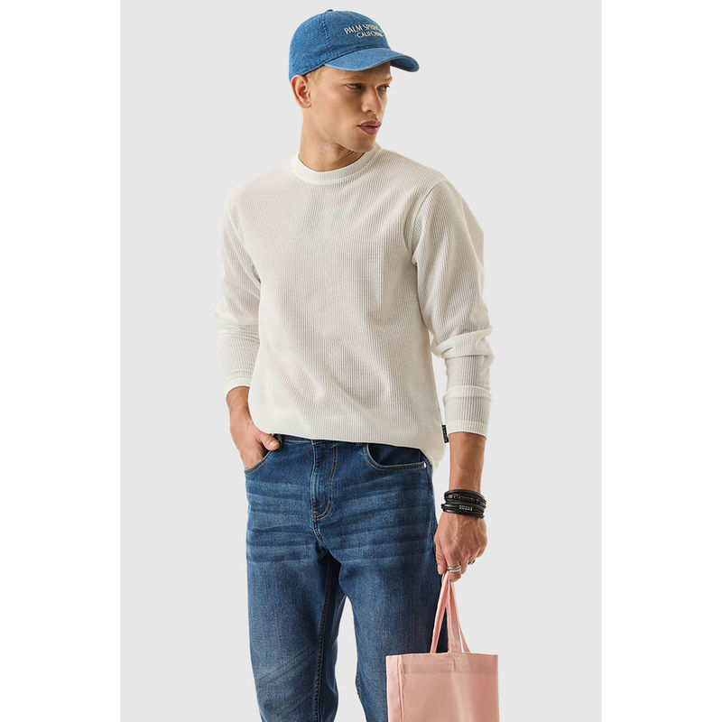 Snitch White Textured Full Sleeves Regular Casual T-Shirt (2XL)