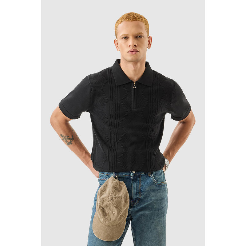 Snitch Black Textured Half Sleeves Slim Casual Polo T-Shirt (L)