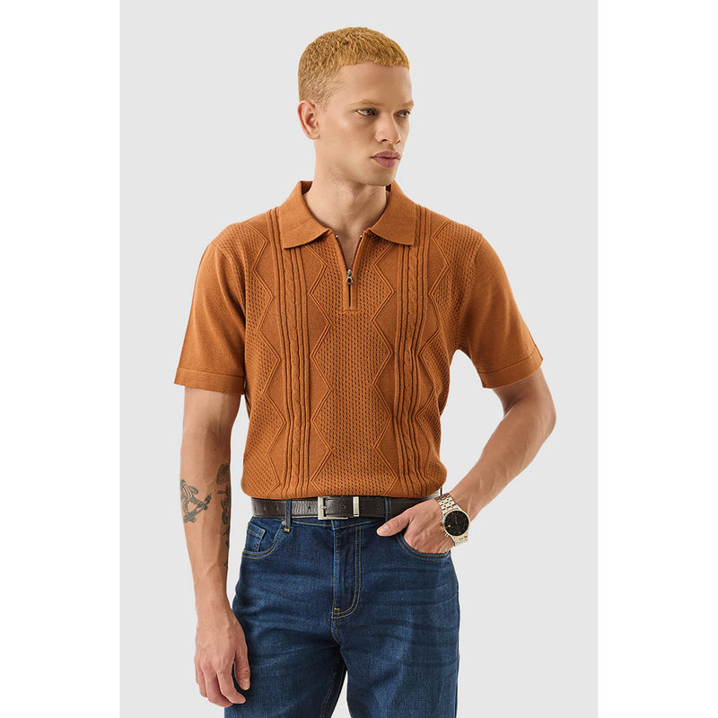 Snitch Terracotta Textured Half Sleeves Slim Casual Polo T-Shirt (XL)