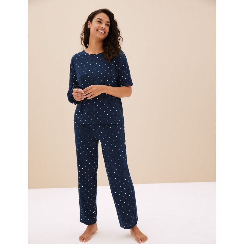 Marks & Spencer Cotton Modal Cool Comfort Pyjama With Scrunchie - Navy Blue (Set of 3) (XS)