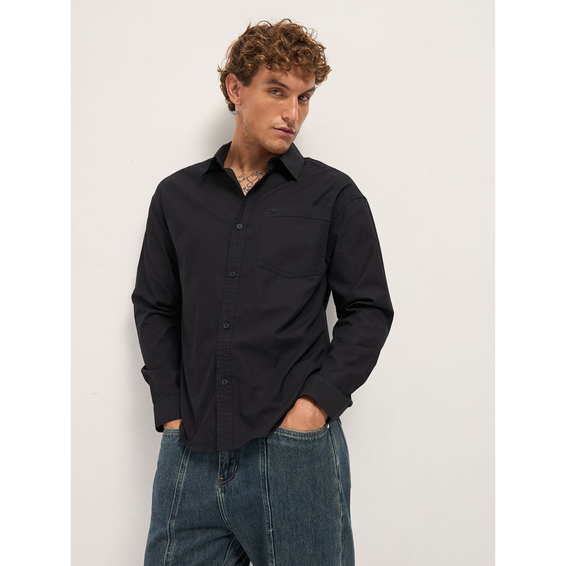 THE BEAR HOUSE Mens Relax Fit Black Cotton Shirt (S)