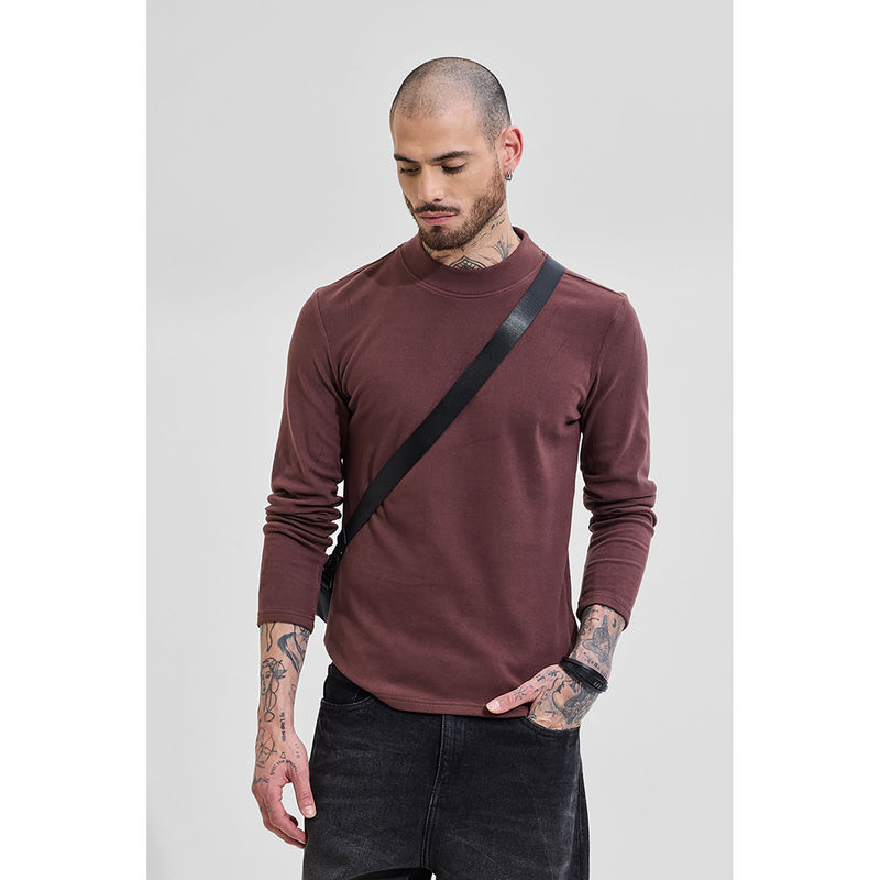Snitch Brown Solid Full Sleeves Slim Casual Sweaters for Men (S)