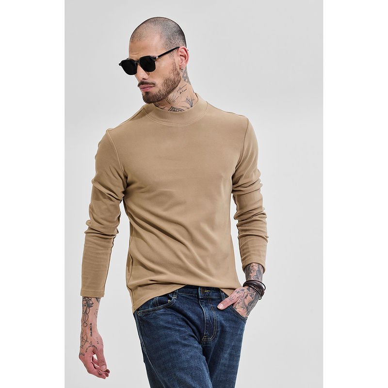 Snitch Beige Solid Full Sleeves Slim Casual Sweaters for Men (L)