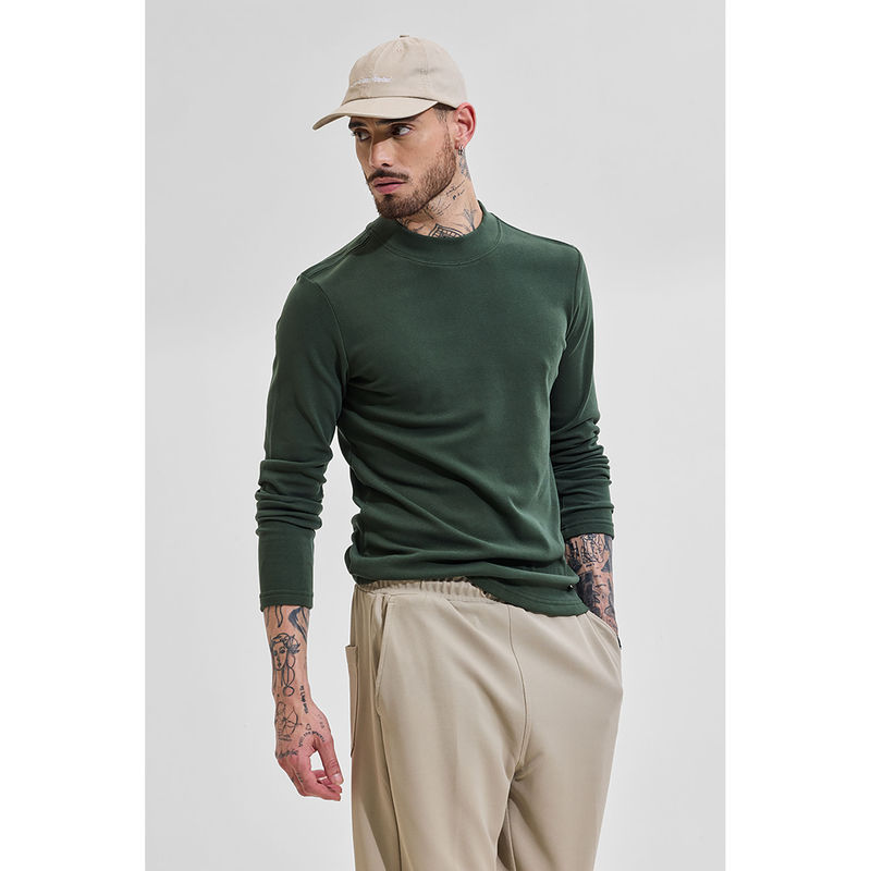 Snitch Dark Green Solid Full Sleeves Slim Casual Sweaters for Men (M)