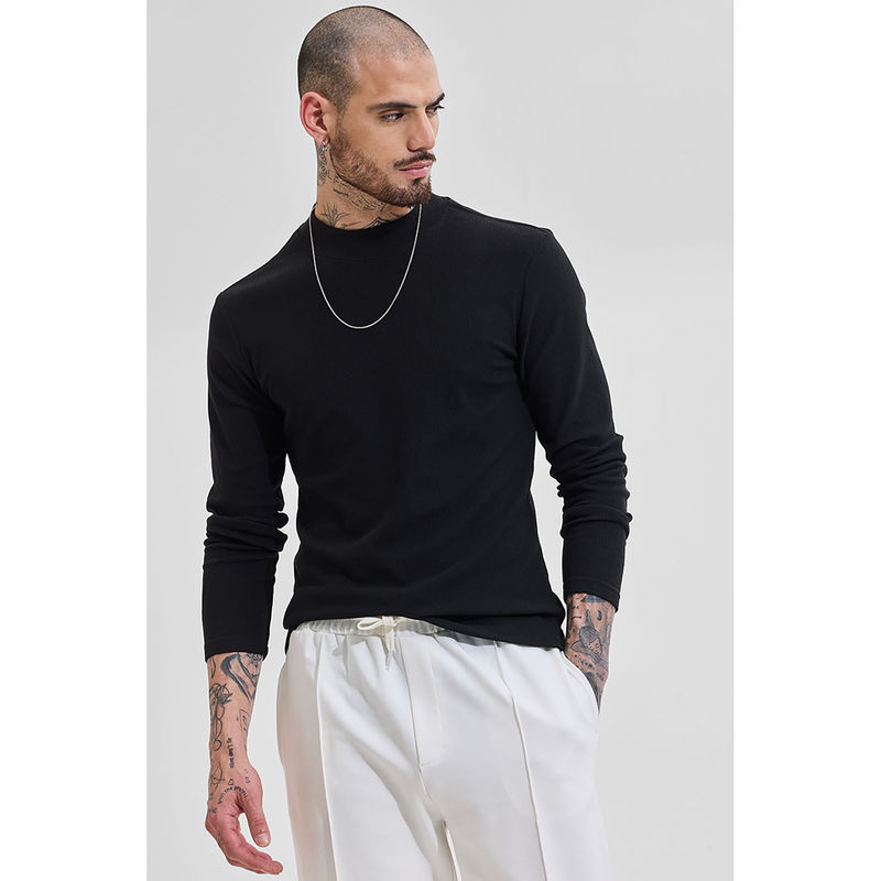 Snitch Black Solid Full Sleeves Slim Casual Sweaters for Men (XL)