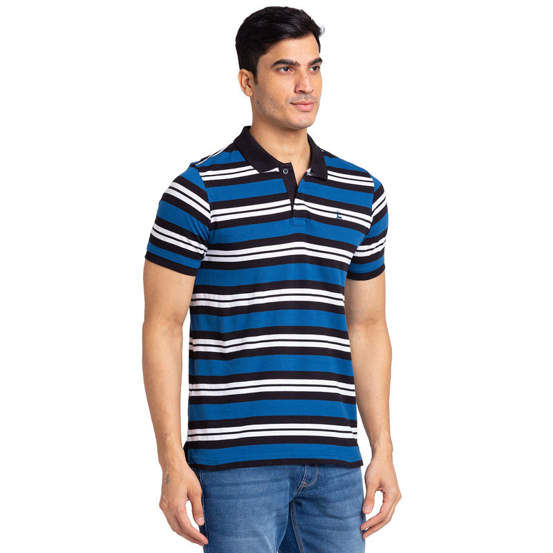 Parx Regular Fit Stripe Navy Blue Polo T Shirt (M)