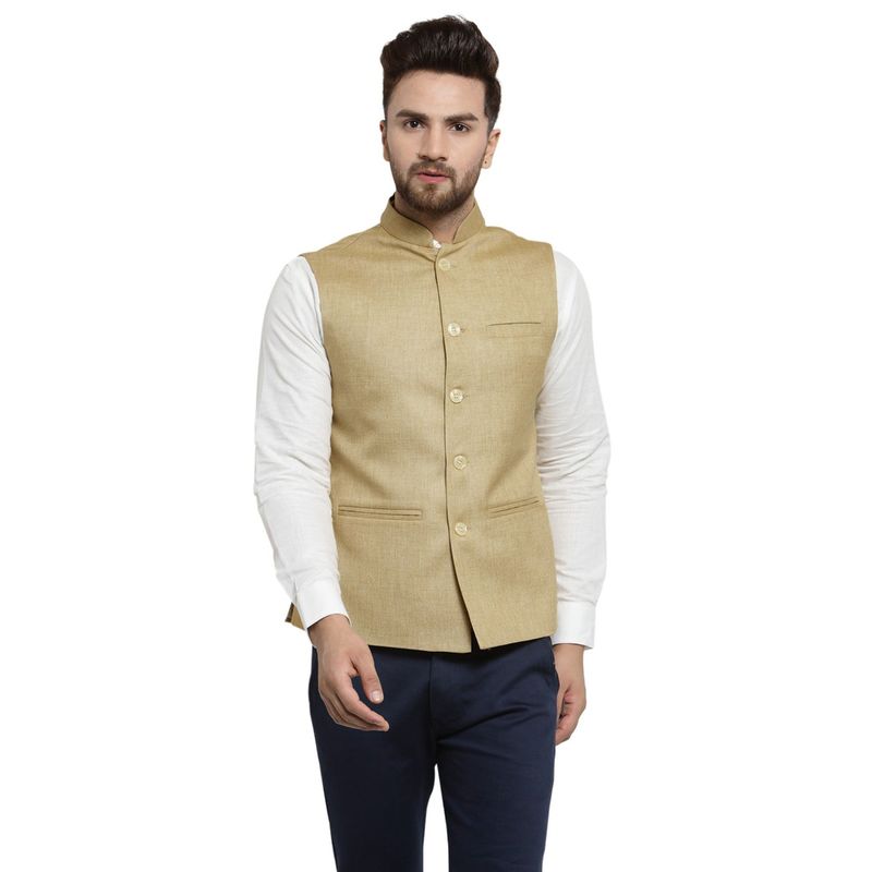 TREEMODA New Designer Men Beige Solid Nehru Jacket (S)
