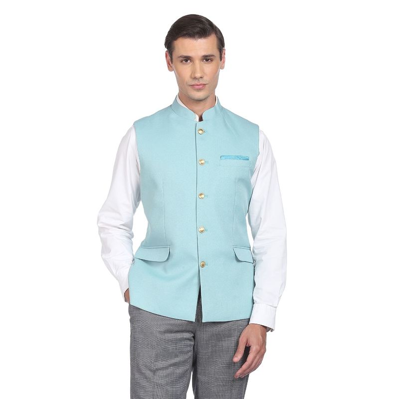 AD By Arvind Men Light Blue Textured Tailored Regular Fit Nehru Jacket (38)