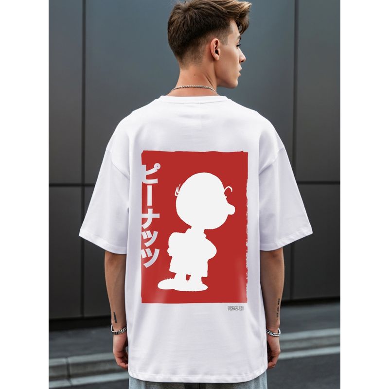 Bewakoof Official Peanuts Men's White Charlie Jap Graphic Printed Oversized T-shirt (XL)