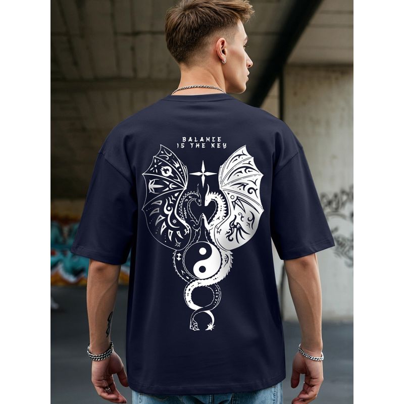 Bewakoof Men's Blue Seek Balance Graphic Printed Oversized T-shirt (S)