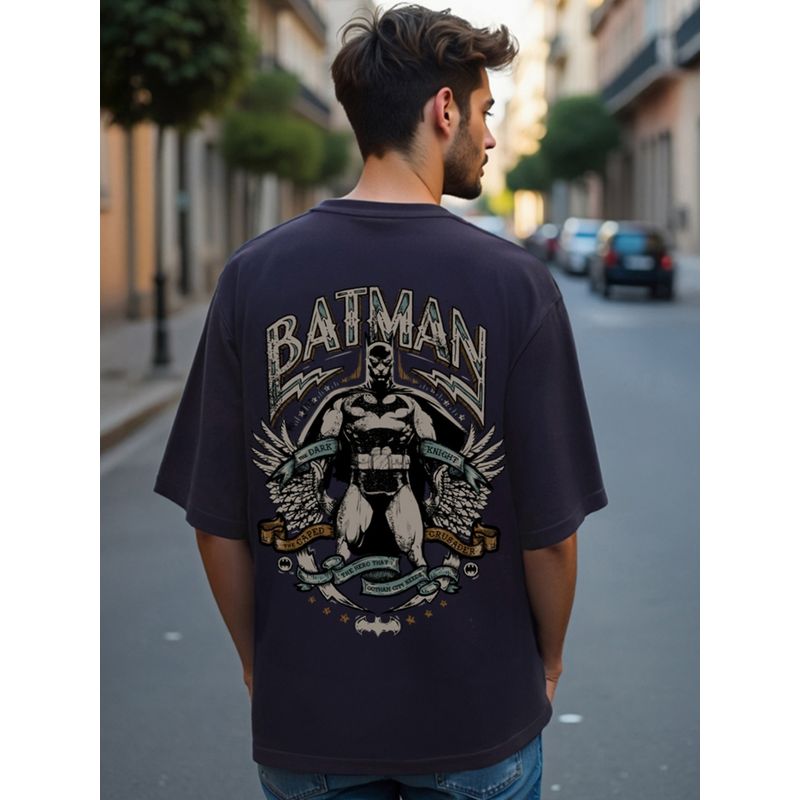 Bewakoof Official DC Men's Navy Blue The Dark Knight Graphic Printed Oversized T-shirt (L)