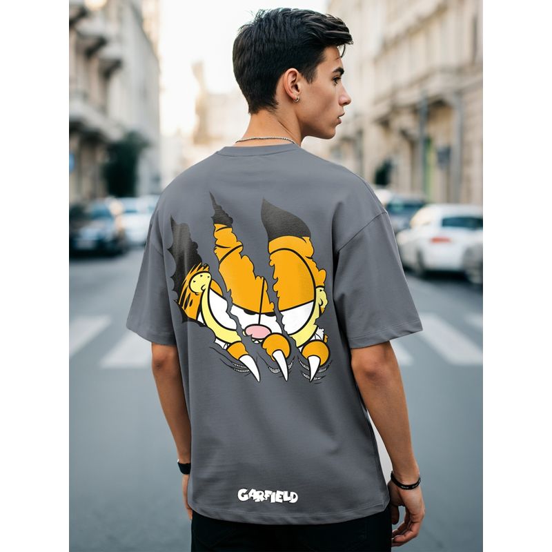 Bewakoof Official Garfield Men's Grey Smiling Cat Graphic Printed Oversized T-shirt (M)