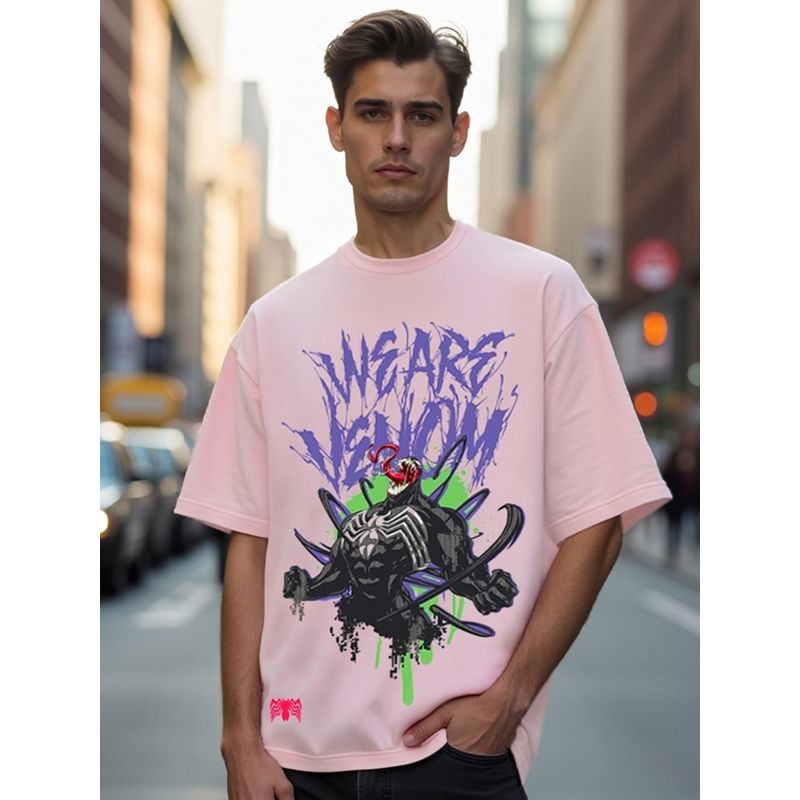 Bewakoof Official Marvel Men's Pink We Are Venom Graphic Printed Oversized T-shirt (M)