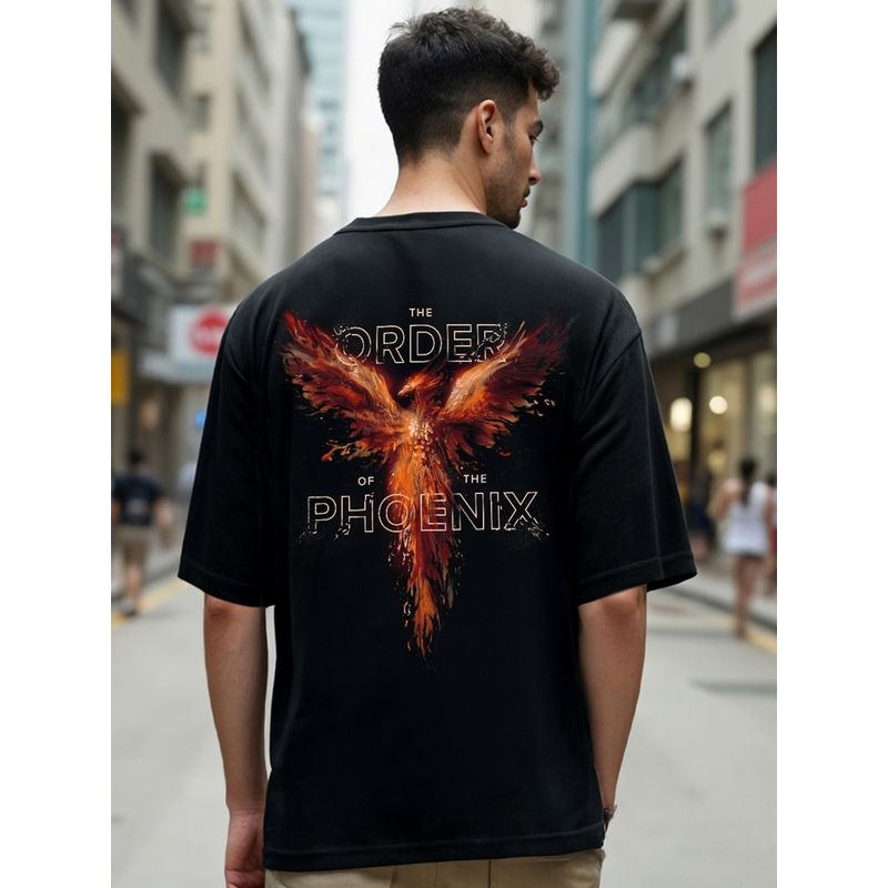 Bewakoof Official Harry Potter Men's Black Order Of The Phoenix Graphic Printed Oversized T-shirt (S)