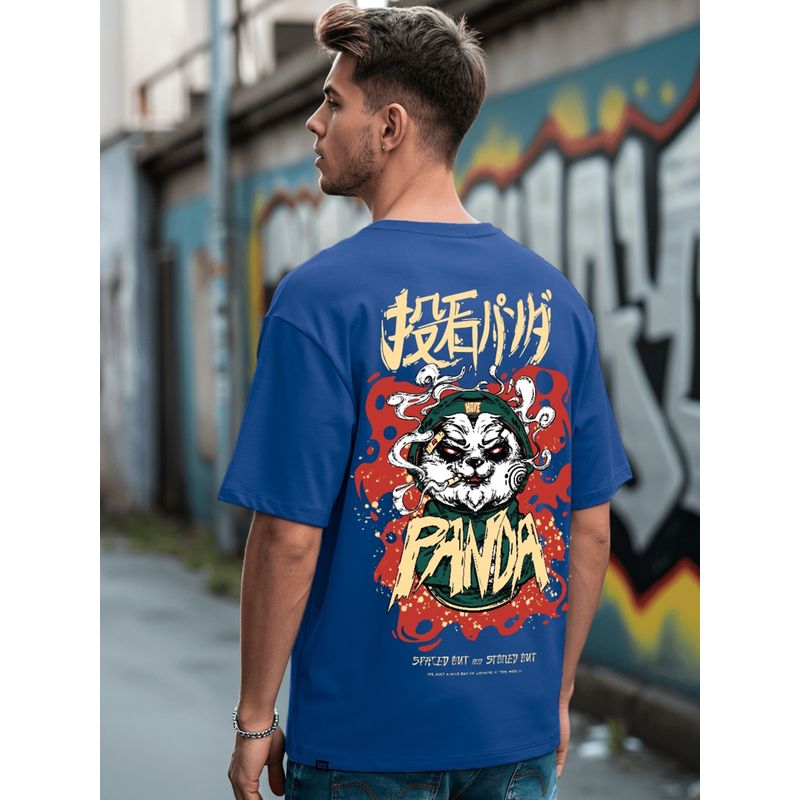 Bewakoof Men's Blue Stoned Panda Graphic Printed Oversized T-shirt (M)