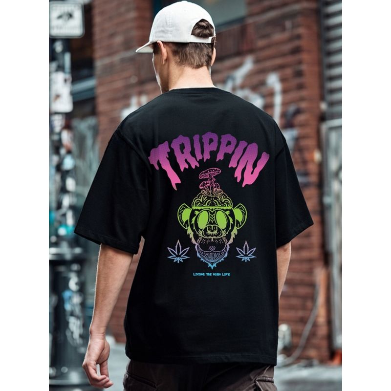 Bewakoof Men's Black Tripping Monkey Graphic Printed Oversized T-shirt (S)