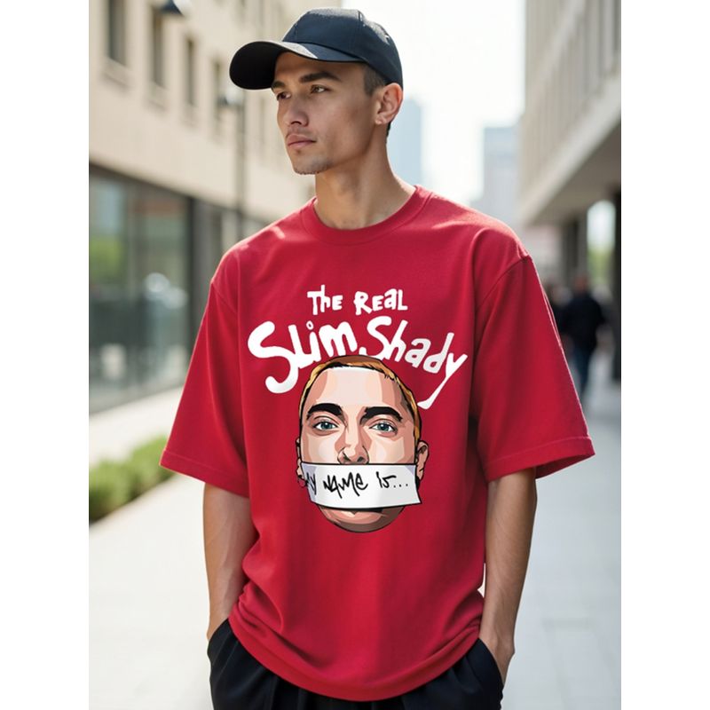 Bewakoof Men's Red Real Slim Shady Graphic Printed Oversized T-shirt (S)