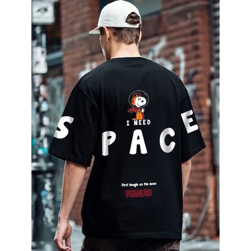 Bewakoof Official Peanuts Men's Black Need Space Snoopy Graphic Printed Oversized T-shirt (L)