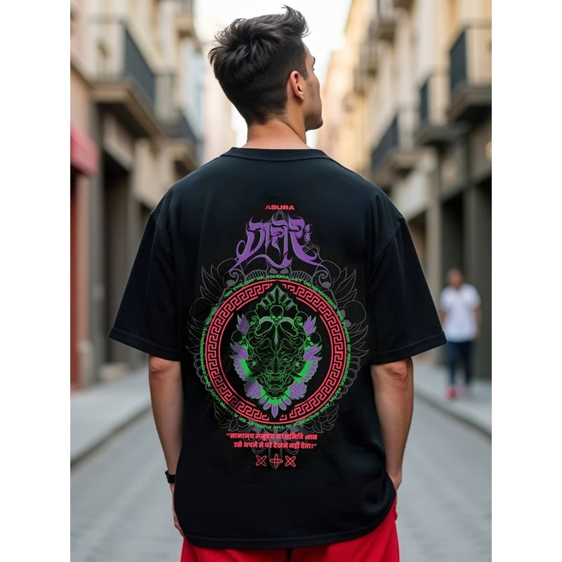 Bewakoof Men's Black Ashura Graphic Printed Oversized T-shirt (S)