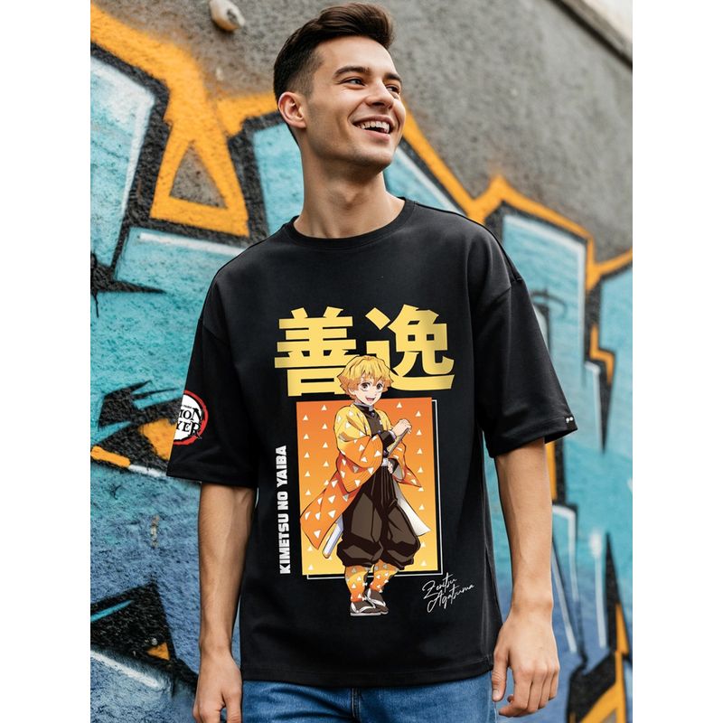 Bewakoof Official Demon Slayer Men's Black Zenitsu Agatsuma Graphic Printed Oversized T-shirt (L)