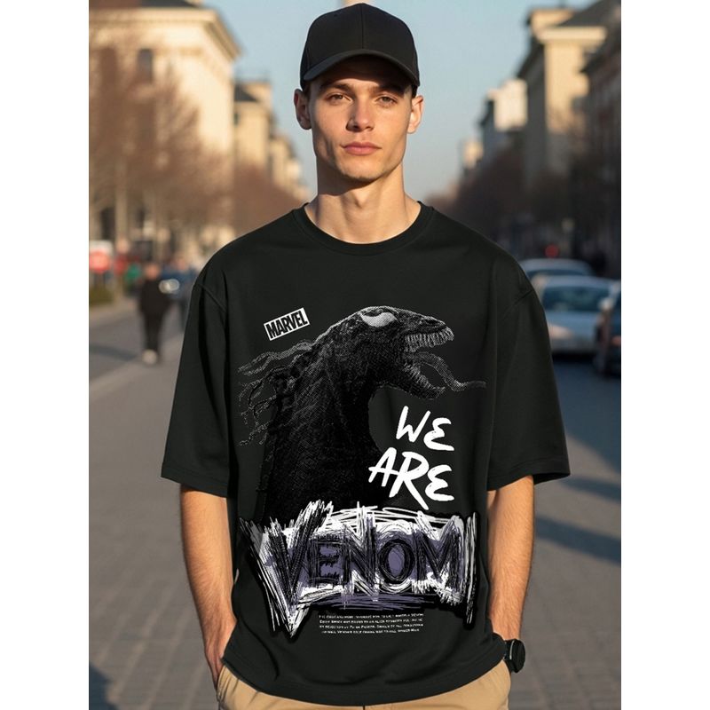 Bewakoof Official Marvel Men's Black Venom Graphic Printed Oversized T-shirt (M)