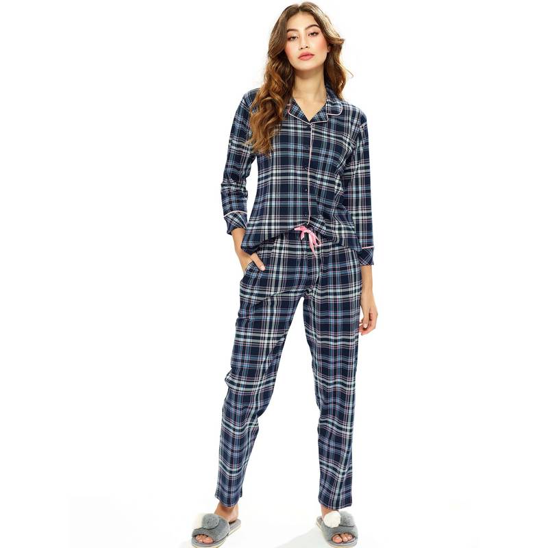 LOTIK Women's Cotton Blue Checks Printed Front Open Full Sleeve Nightsuit (S)