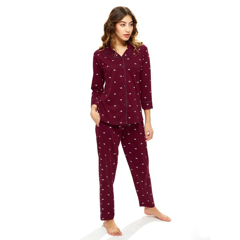 LOTIK Women's Cotton Maroon Heart Printed Front Open Full Sleeve Nightsuit (S)