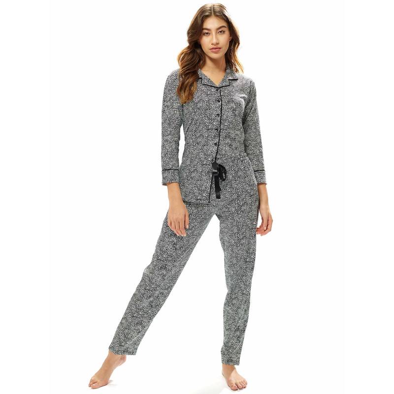 LOTIK Women's Cotton Black Geometric Printed Front Open Full Sleeve Nightsuit (M)