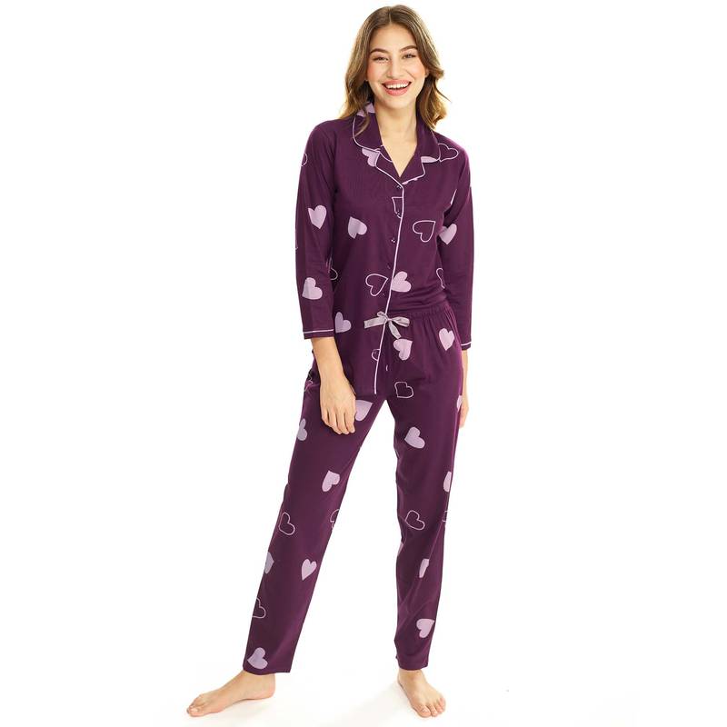 LOTIK Women's Cotton Voilet Heart Printed Front Open Full Sleeve Nightsuit - Mauve (S)