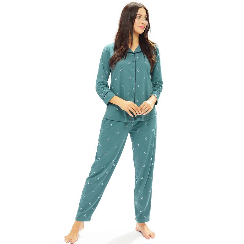 LOTIK Women's Cotton Teal Star Printed Front Open Full Sleeve Nightsuit (S)
