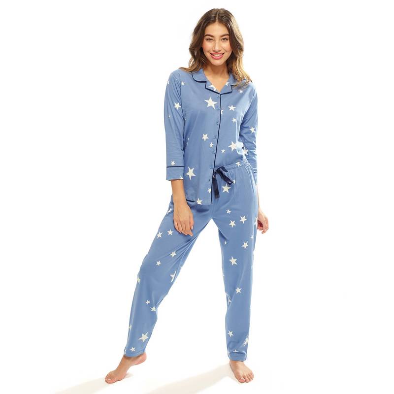 LOTIK Women's Cotton Sky Blue Star Printed Front Open Full Sleeve Nightsuit (S)