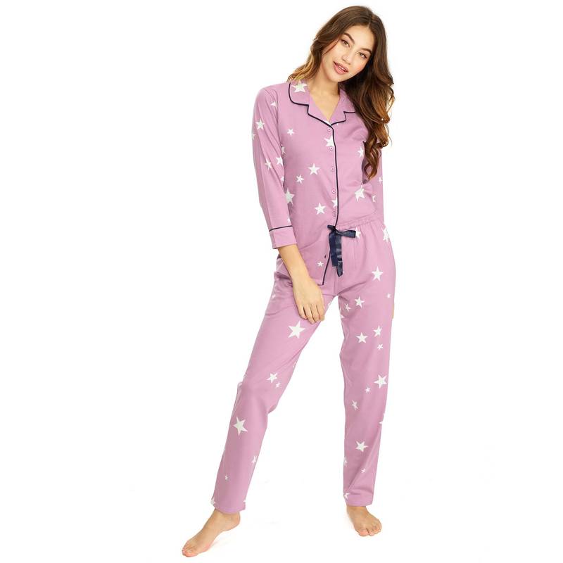 LOTIK Women's Cotton Onion Star Printed Front Open Full Sleeve Nightsuit - Pink (S)