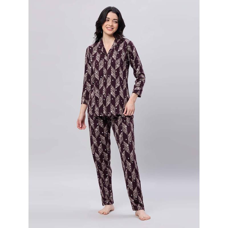 LOTIK Women's Cotton Maroon Star Printed Full Sleeve Nightsuit (S)