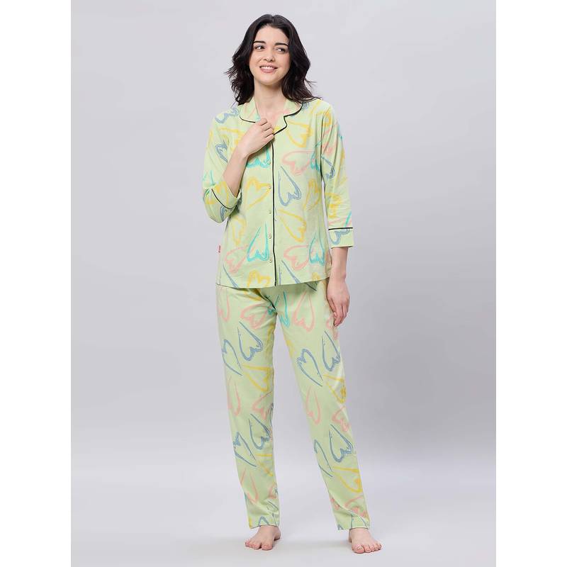 LOTIK Women's Cotton Green Heart Printed Full Sleeve Nightsuit (S)